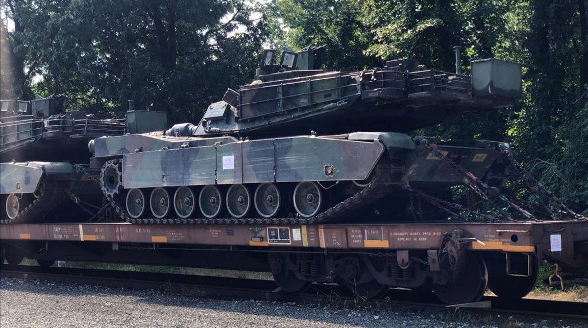 zentauroepp48900533 an m1 abrams tank sits atop a flat car in a rail yard after 190709114615