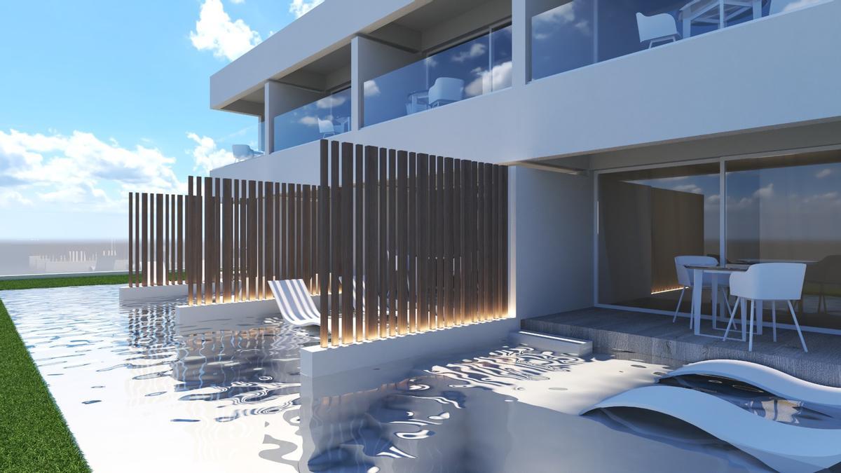 Infografía que ilustra cómo quedarán los apartamentos con la piscina exclusiva frente a la terraza.