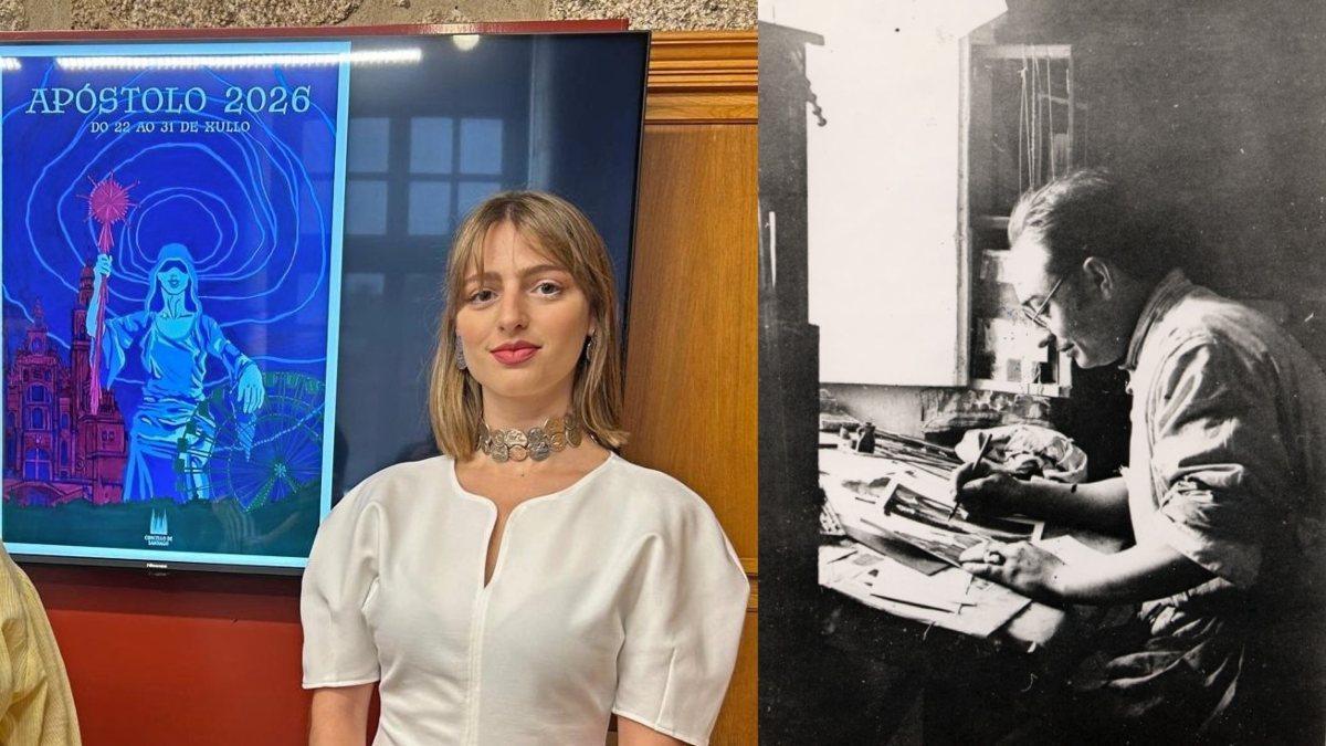 Iria Aldegunde junto a su cartel. Al lado,  Díaz Baliño en su estudio en 1921.