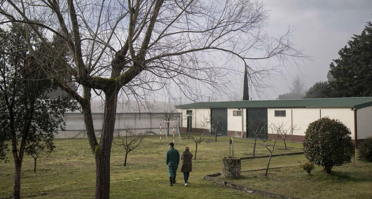 Personal del centro camina con uno de los chavales cerca del campo de fútbol.   | //  B. L.