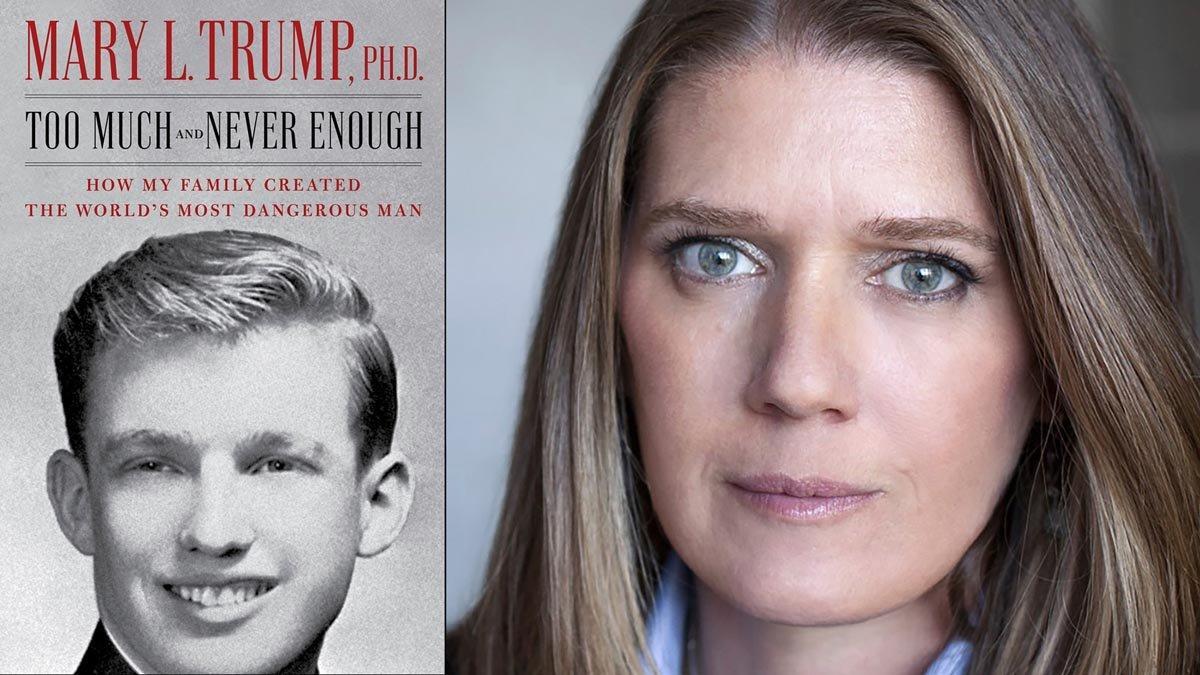 Mary Trump, junto a una portada del libro que ha escrito sobre su tío