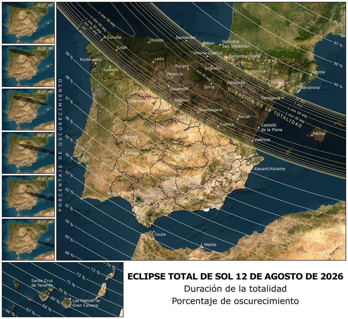 Mapa de los porcentajes de totalidad del eclipse para toda España.
