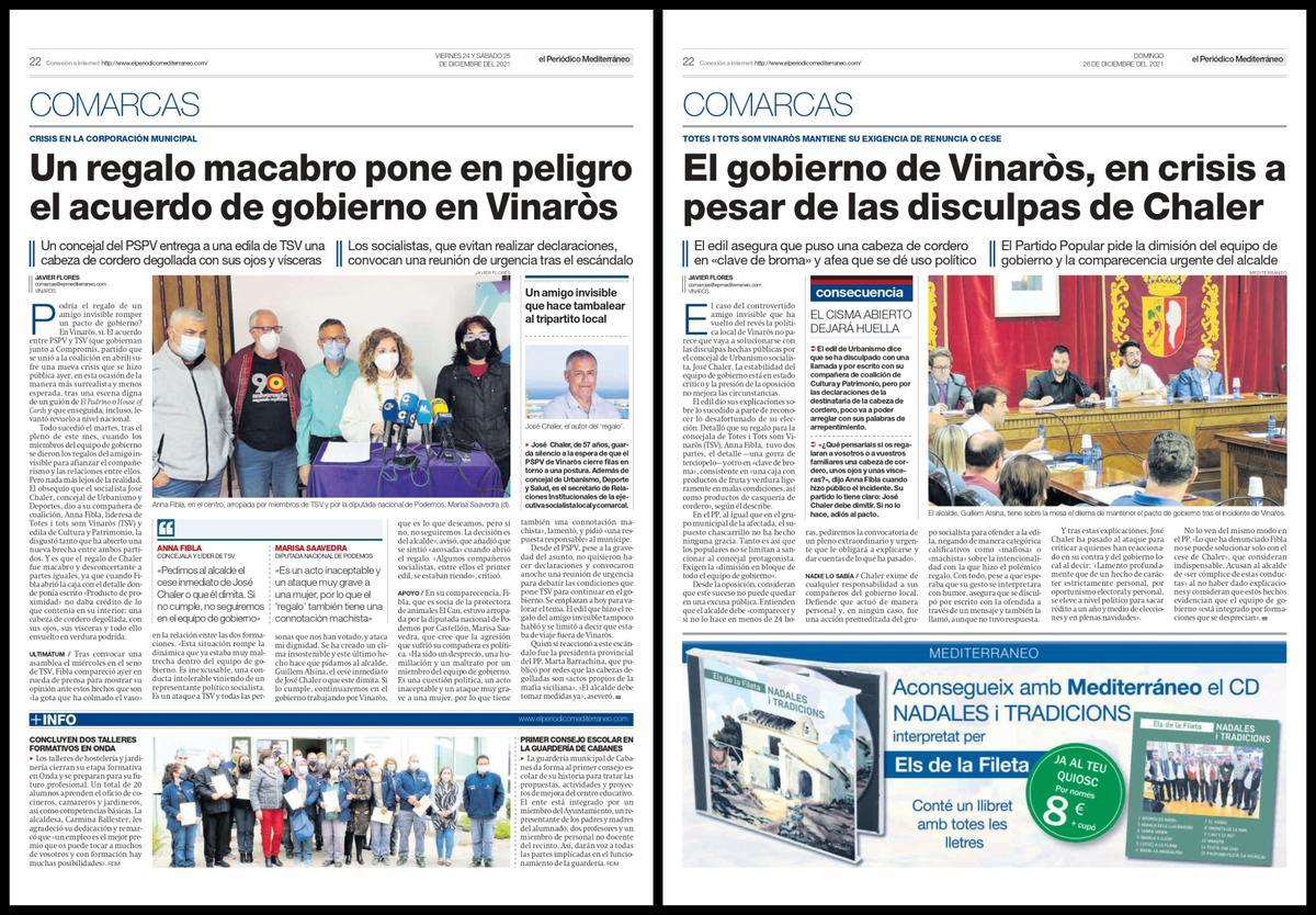 Primeras dos tomas de 'Mediterráneo' la larga crisis por la cabeza del cordero en  Vinaròs. Artículos de las ediciones del 25 y el 26 de diciembre.