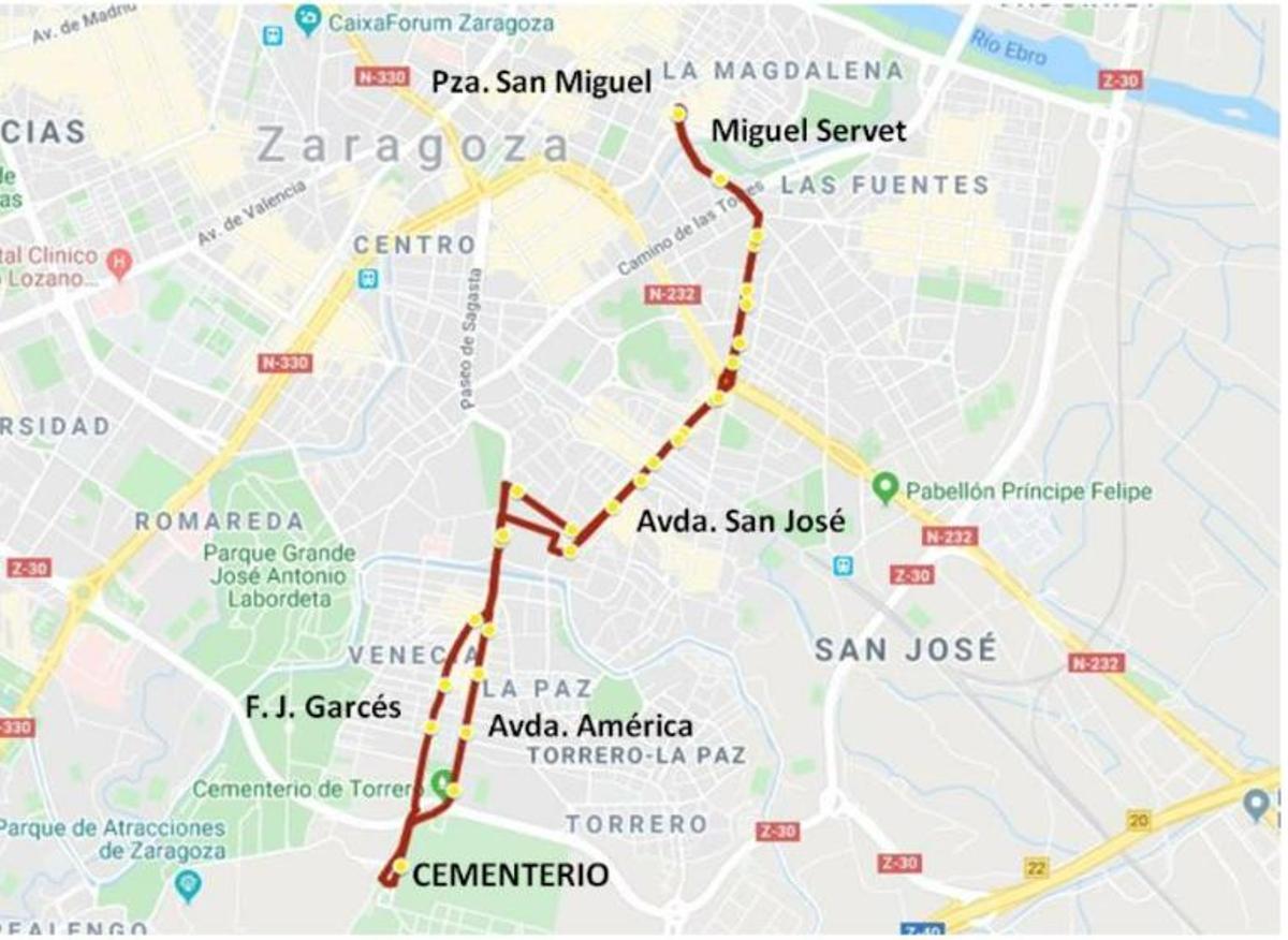 Mapa de la línea CE de bus urbano de Zaragoza