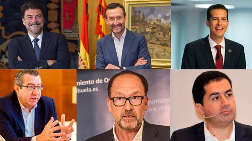 Luis Barcala, alcalde de Alicante; Carlos González, alcalde de Elche; Rubén Alfaro, alcalde de Elda; Toni Pérez, alcalde de Benidorm; Emilio Bascuñana, alcalde Orihuela; Toni Francés, alcalde de Alcoy.