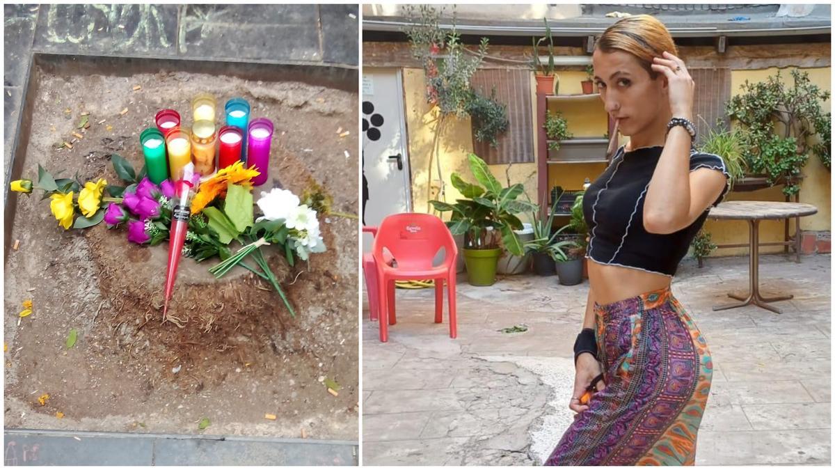 Flores y velas depositadas por la familia de Shamira en el alcorque el pasado 22 de junio y una fotografía suya dos días antes del accidente