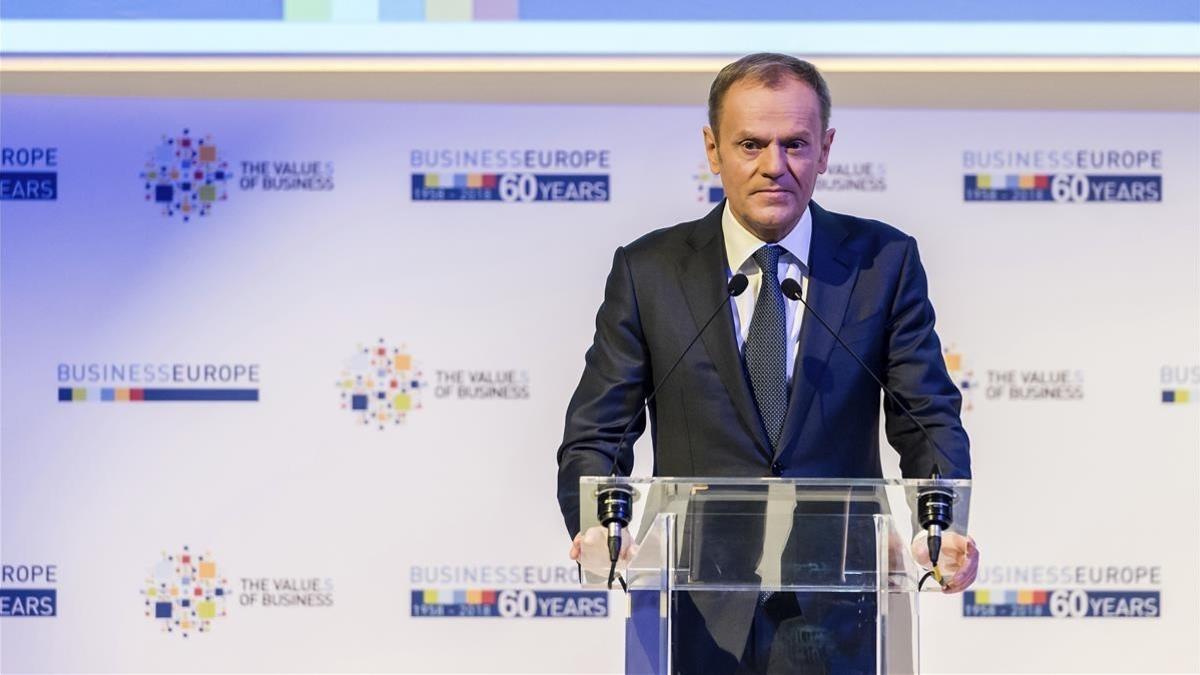 Donald Tusk, en un acto en Bruselas, antes de viajar a Londres