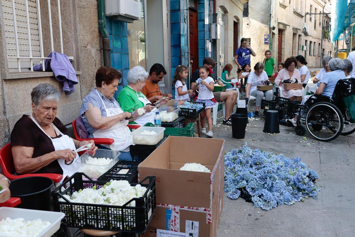 Vecinos y vecinas de Redondela elaborando las alfombras florales en años anteriores.