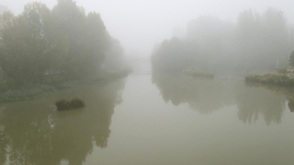 Río Carrión a su paso por la capital palentina, cubierto por la niebla.