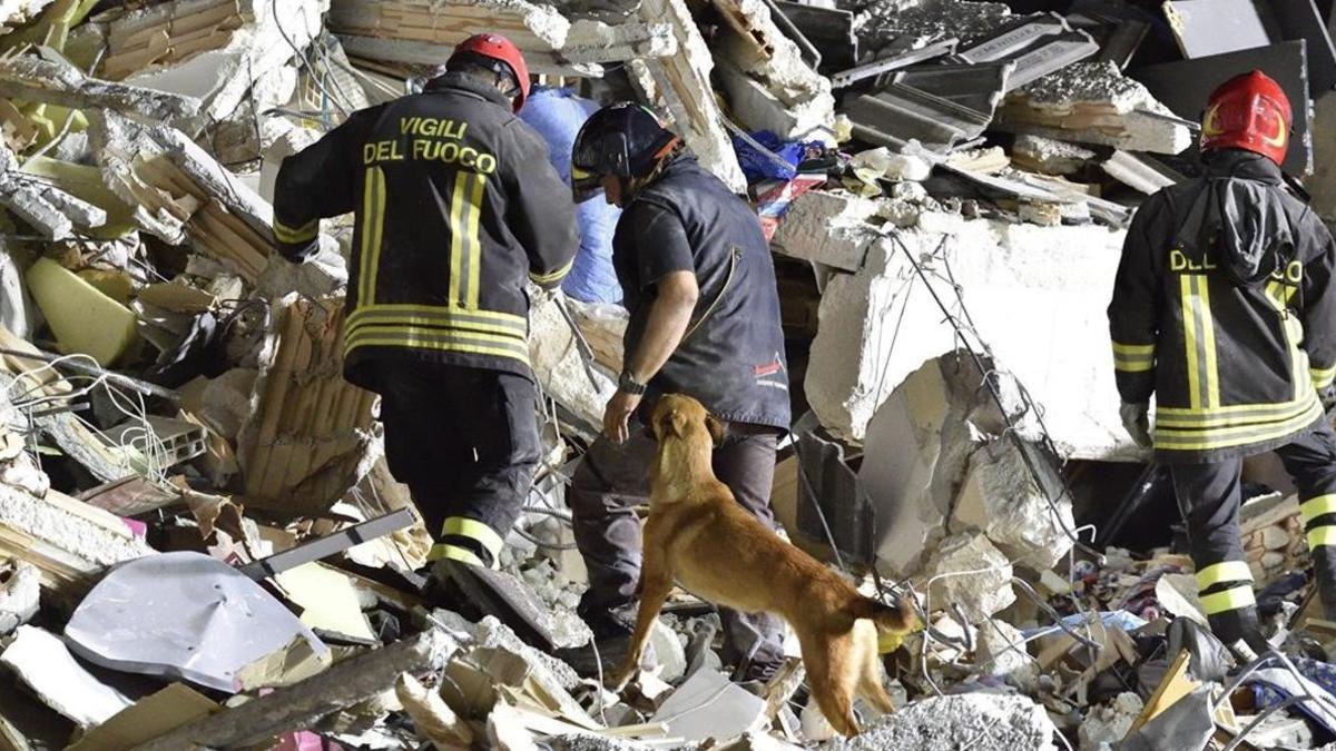 Los bomberos trabajan en la búsqueda de supervivientes entre los escombros de un edificio derrumbado en Amatrice, en el centro de Italia.