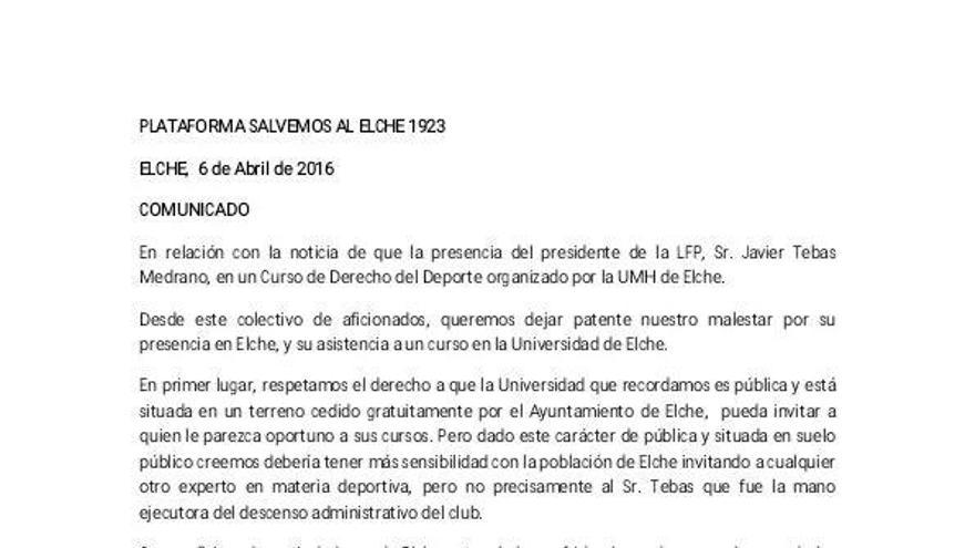 La Plataforma Salvemos al Elche critica la visita de Tebas a la UMH