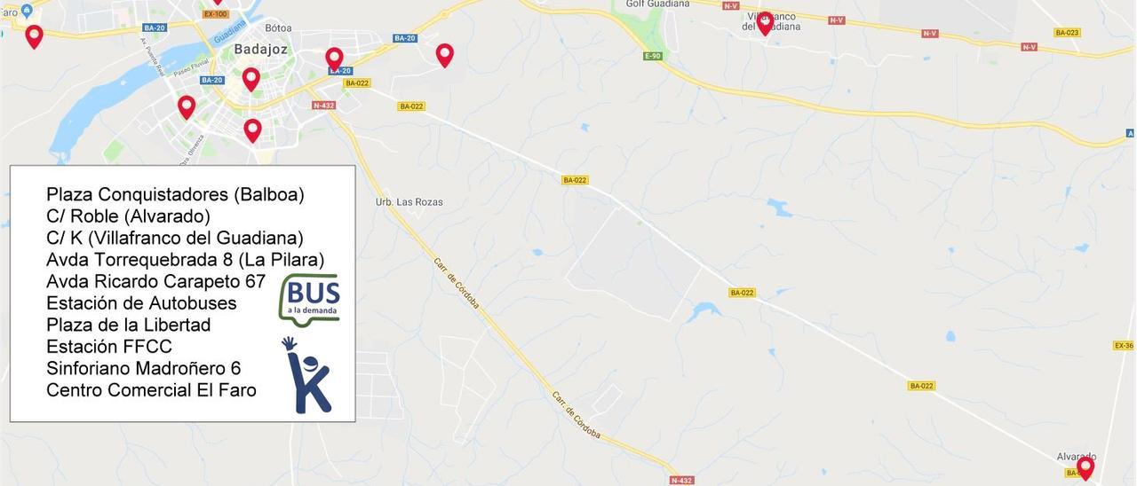 Mapa con las paradas del nuevo servicio de autobús a demanda en los poblados y el casco urbano de Badajoz