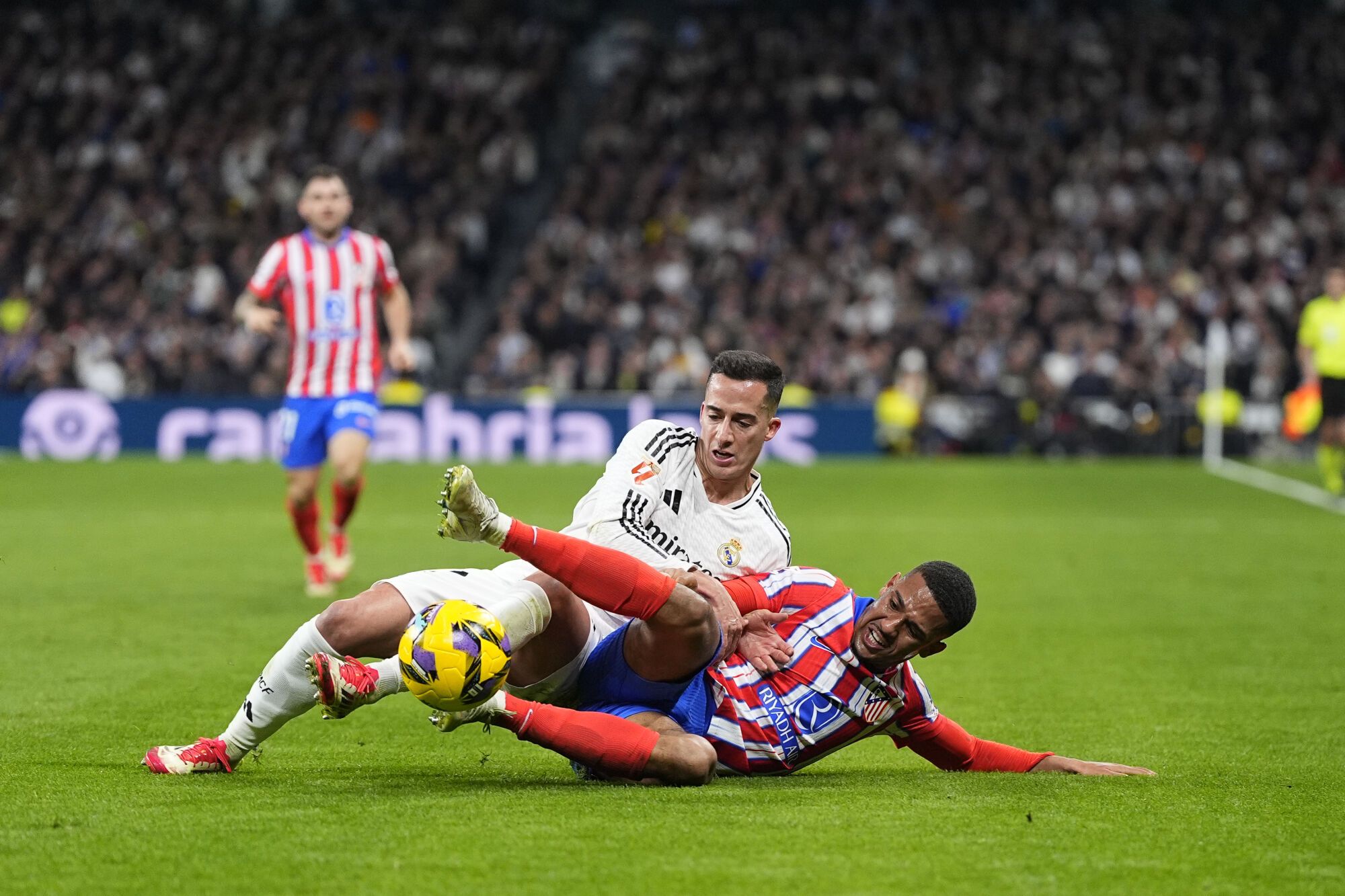 Samuel Lino of Atletico de Madrid and Lucas Vazquez of Real Madrid in action during the Spanish League, LaLiga EA Sports, football match played between Real Madrid and Atletico de Madrid at Santiago Bernabeu stadium on February 8, 2025, in Madrid, Spain. AFP7 08/02/2025 ONLY FOR USE IN SPAIN. Oscar J. Barroso / AFP7 / Europa Press;2025;SOCCER;SPAIN;SPORT;ZSOCCER;ZSPORT;Real Madrid v Atletico de Madrid - LaLiga EA Sports;