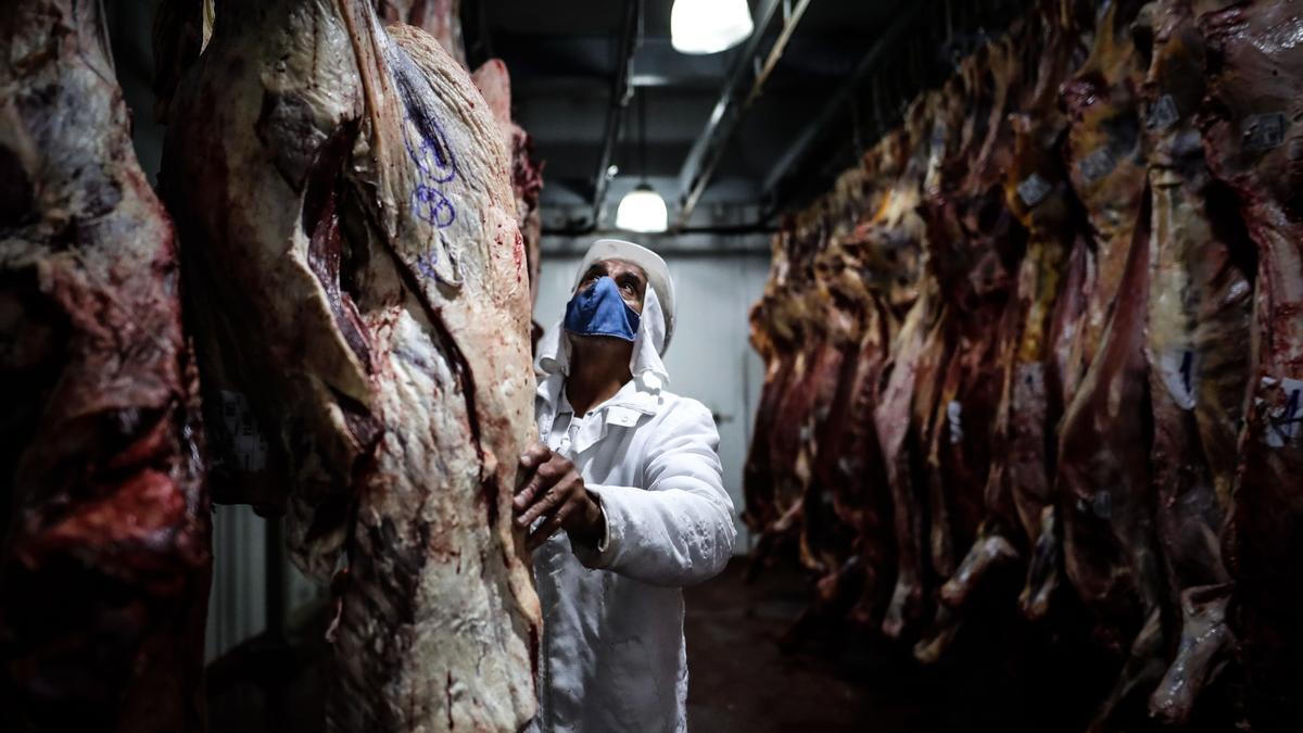 Empleados de una empresa frigorífica trabajan con carne de vacuno, en una planta de Buenos Aires.