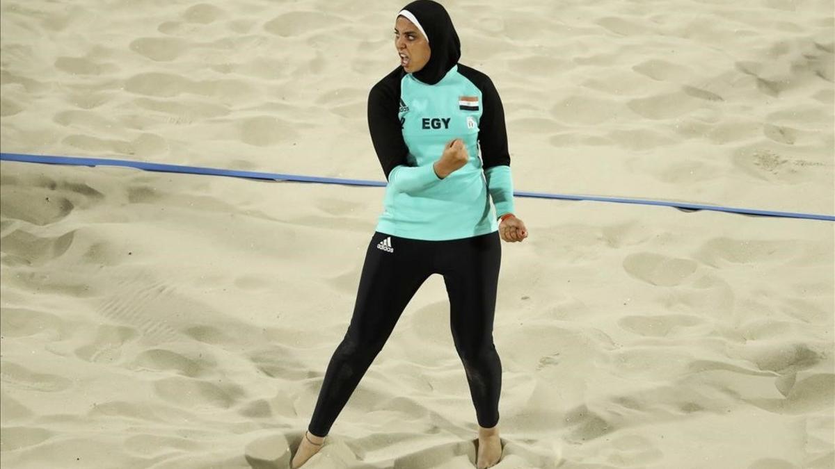 Imagen del partido de voley playa entre Egipto y Alemania