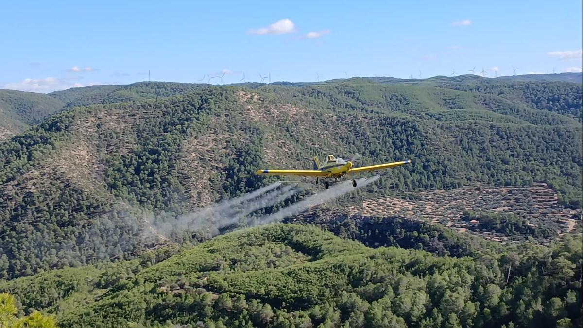 Una avioneta amb l'estela de pluja del producte llançat per combatre la processionària del pi