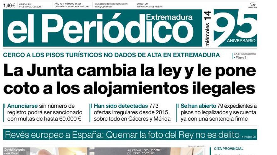 Esta es la portada de EL PERIÓDICO EXTREMADURA correspondiente al día 14 de marzo del 2018