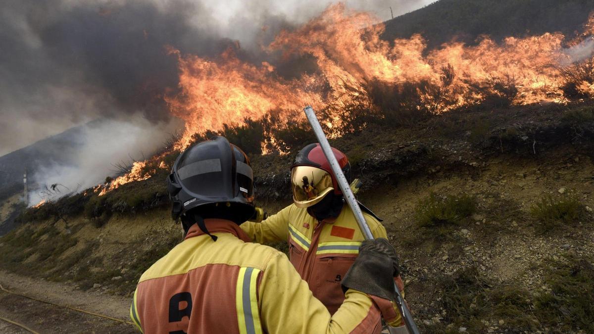 Dos bomberos luchan contra un incendio forestal en Asturias.