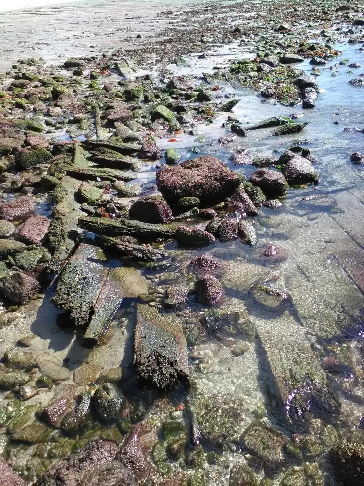 Restos das madeiras do pecio na praia da Arnela, de Corme.