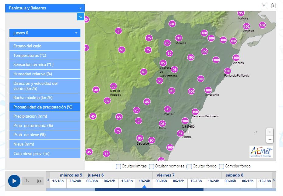 Mapa de probabilidades de lluvia para el jueves de 18.00 a 0.00 horas.