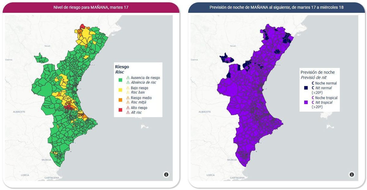 Municipios en riesgo por calor en la C. Valenciana para este martes.