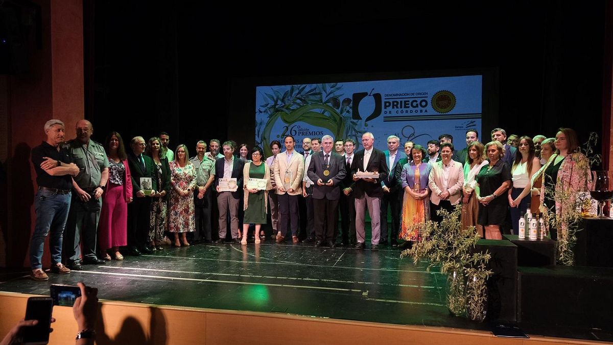 Foto de familia de los galardonados y autoridades que se dieron cita en la entrega de premios celebrada en el teatro de la Casa de la Cultura de Almedinilla.