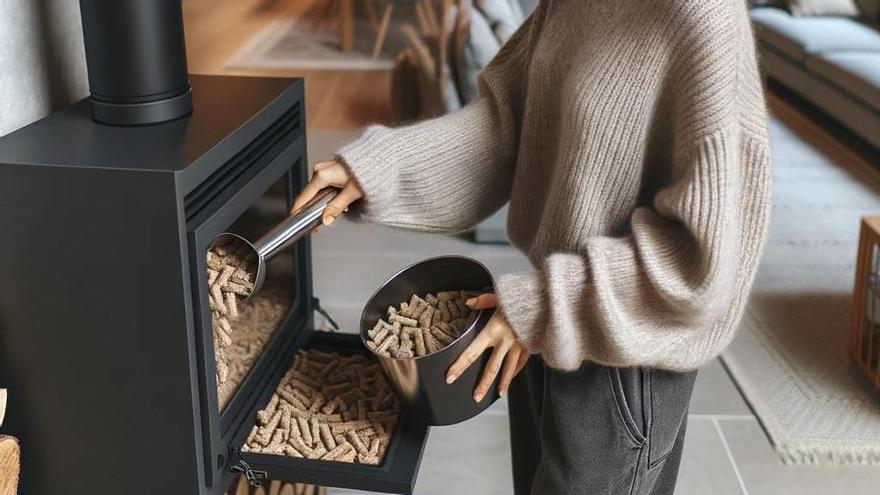 Una mujer echa pellets en una estufa en una imagen creada con IA