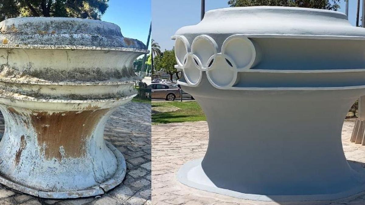 Antes y después de la restauración del pebetero de la Glorieta Olímpica, levantado para la Expo'92, junto al puente del Alamillo