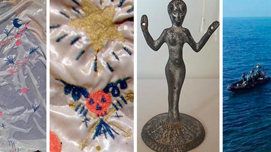 De izquierda a derecha: la sábana con símbolos esotéricos, un detalle, la estatuilla y la lancha que ha recuperado los restos.