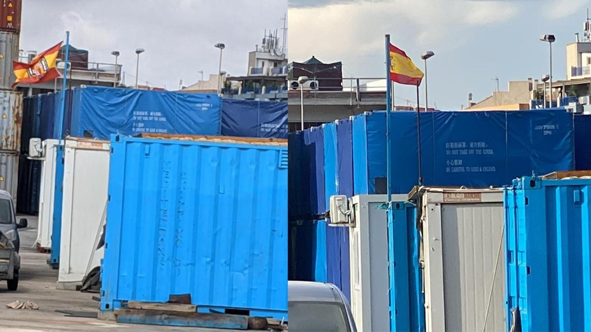 Imagen de la bandera franquista ondenado y de la enseña oficial una vez sustituida.
