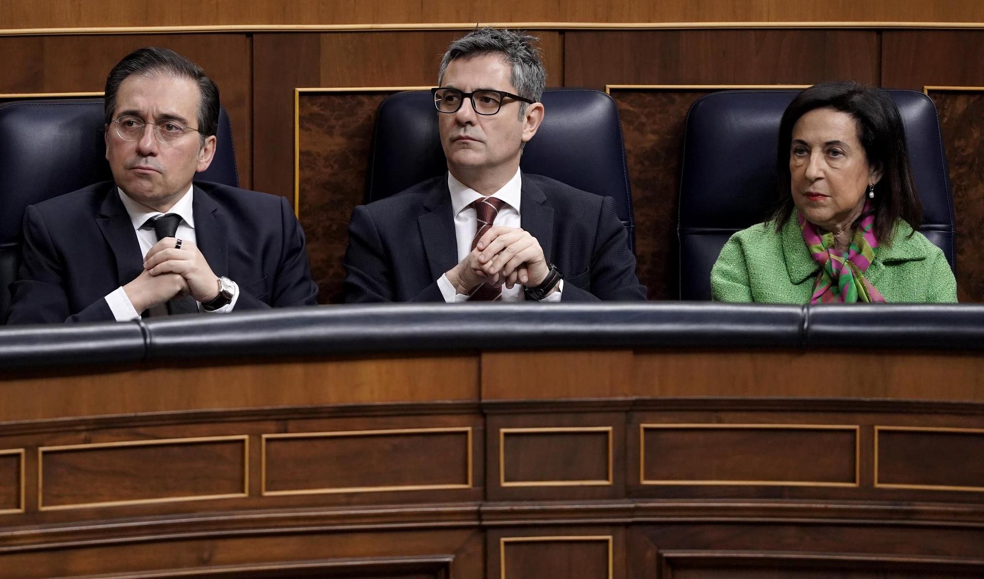 Albares, Bolaños y Robles Comparecencia de Pedro Sánchez en el Congreso de los Diputados.