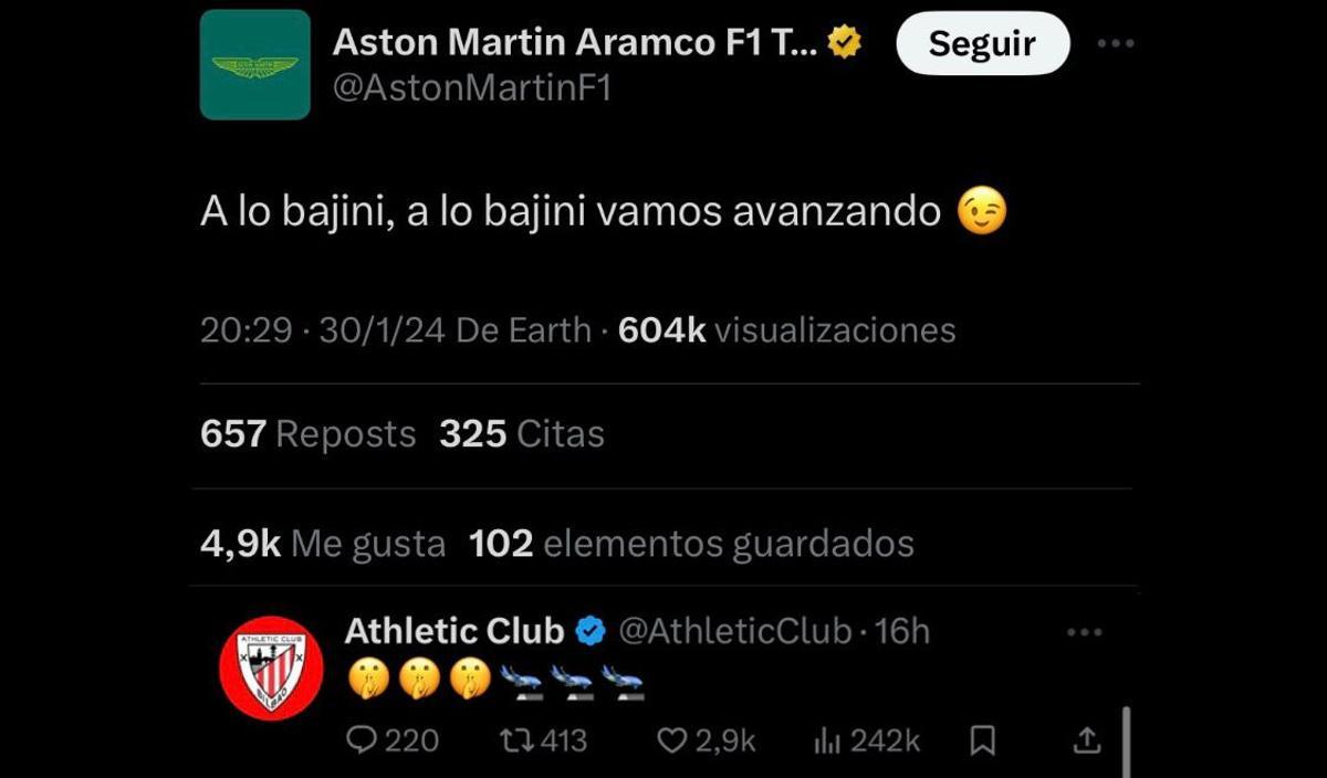 Intercambio de mensajes en redes sociales entre Aston Martin y el Athletic Club