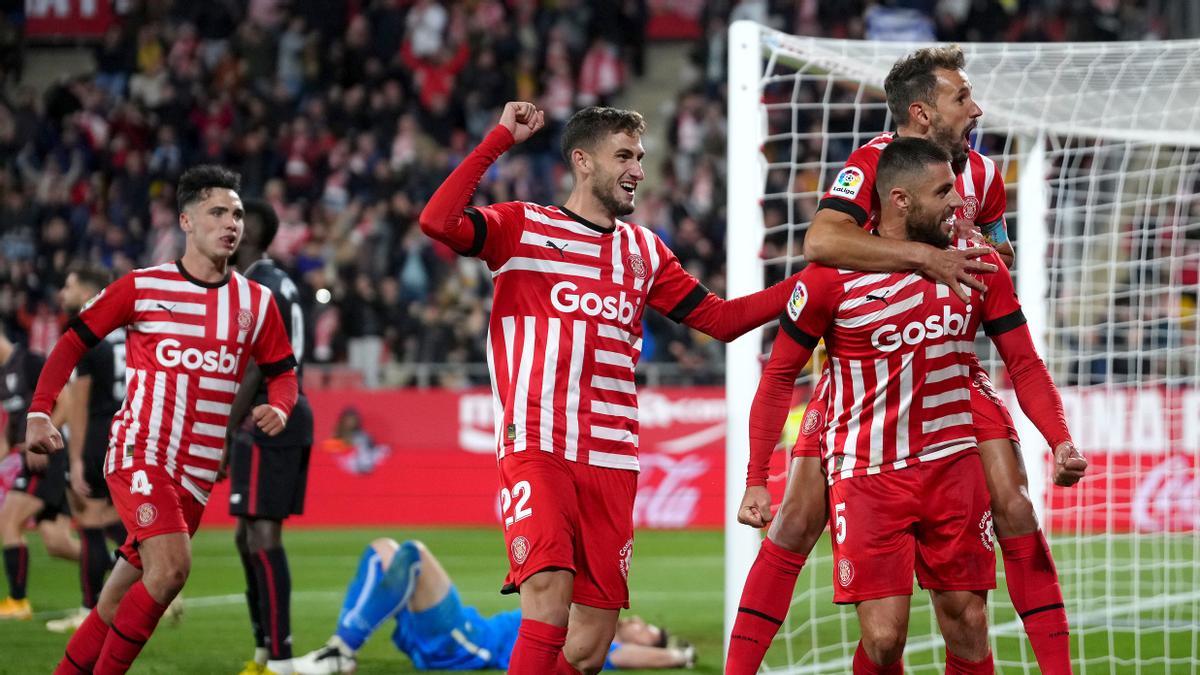 David Lopez of Girona FC celebrates scoring his teams first goal of the game during the LaLiga Santander match between Girona FC and Athletic Club at Montilivi Stadium on November 04, 2022 in Girona, Spain.