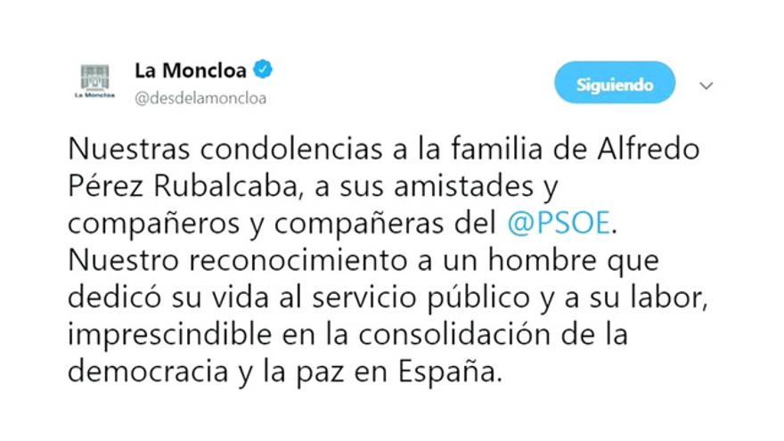 Moncloa se suma a las condolencias por la muerte de Rubalcaba