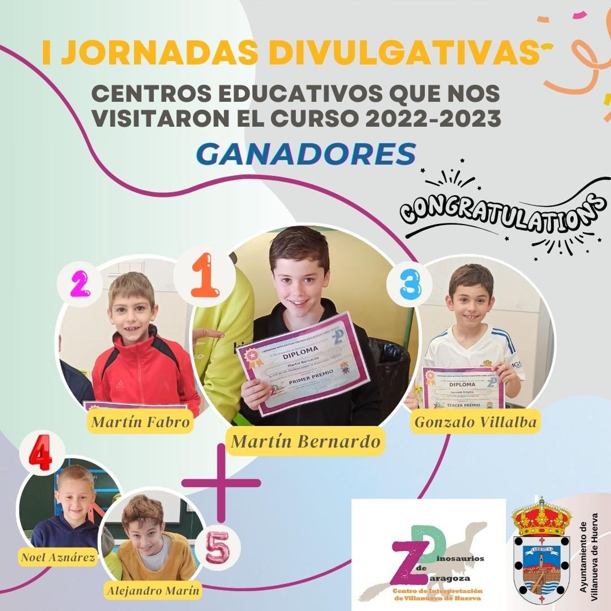 Ganadores del concurso escolar de las I Jornadas divulgativas del CDI Dinosaurios de Zaragoza.