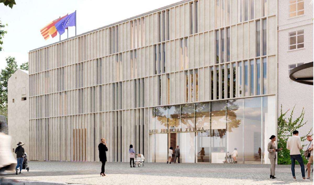 Recreación del Palacio de Justicia de Xàtiva, con entrada princpial desde la Avenida Selgas.