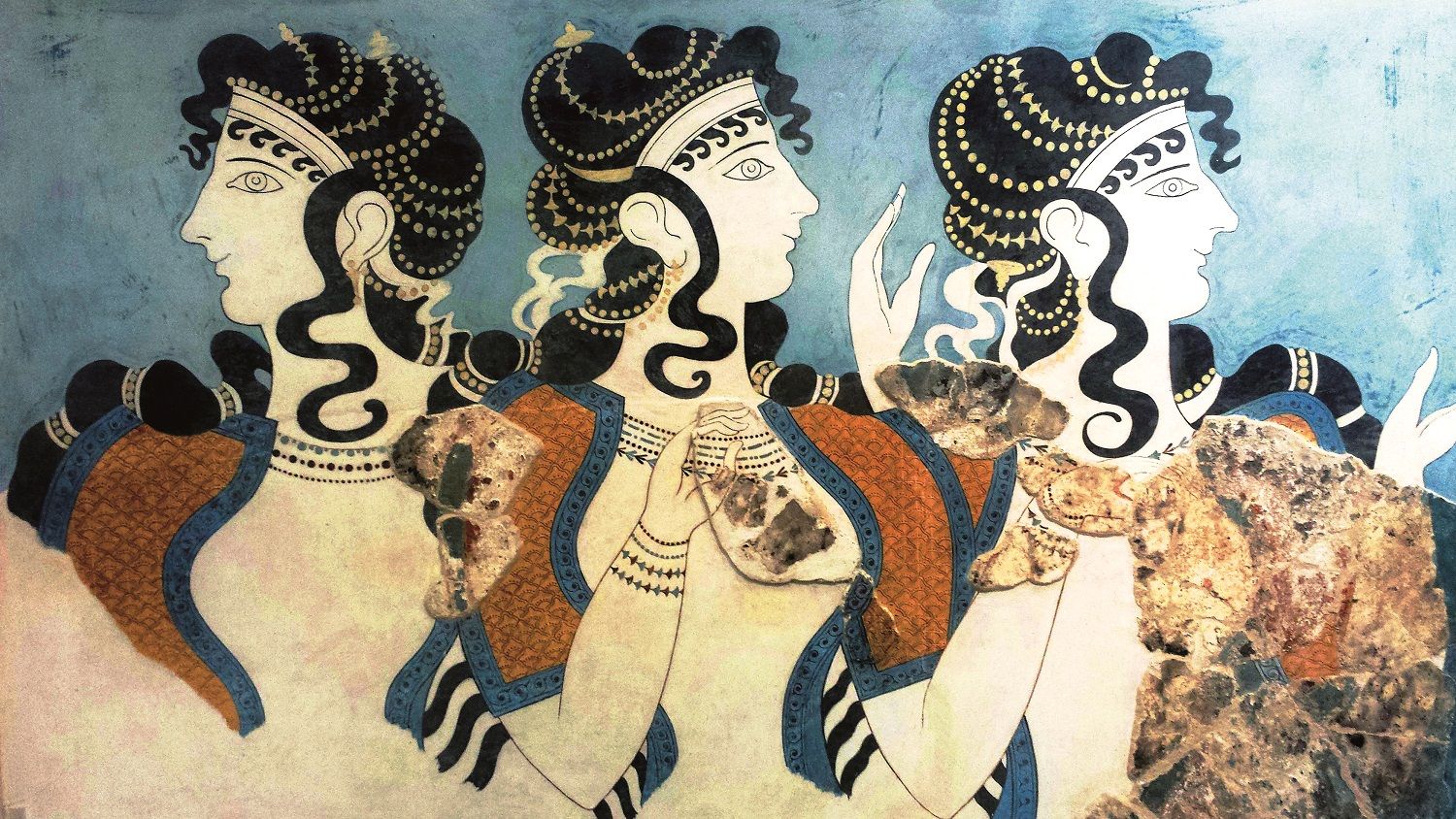 Detalle del fresco minoico Las Damas de Azul del Palacio de Cnosos.