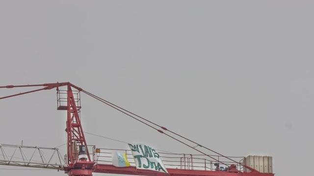 Archivo - Activistas protestas en una grúa contra la construcción de un hotel en La Tejita