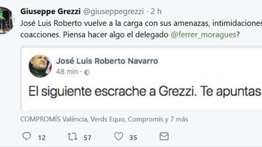 El tuit de Giuseppe Grezzi denunciado las amenazas.