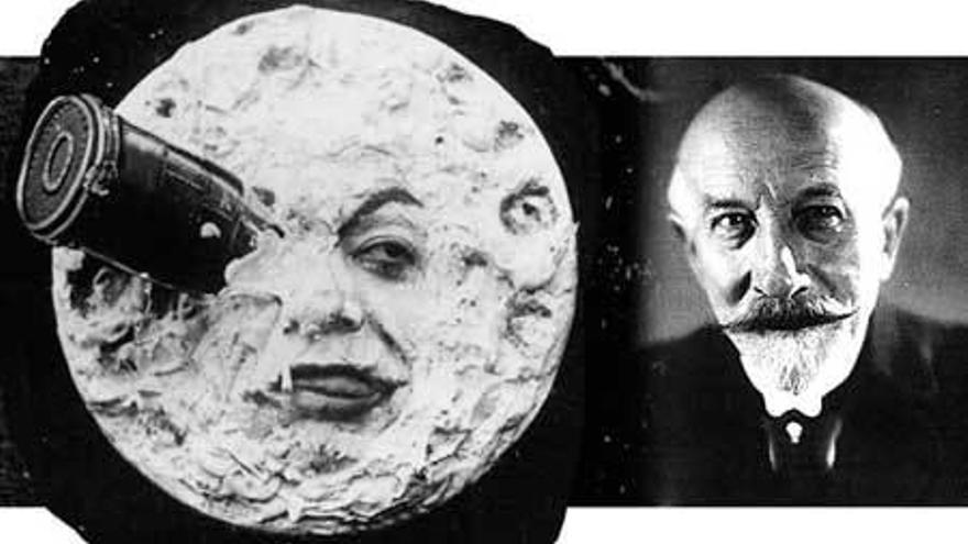 Méliès, junto a un conocido fotograma de &quot;Viaje a la Luna&quot;.