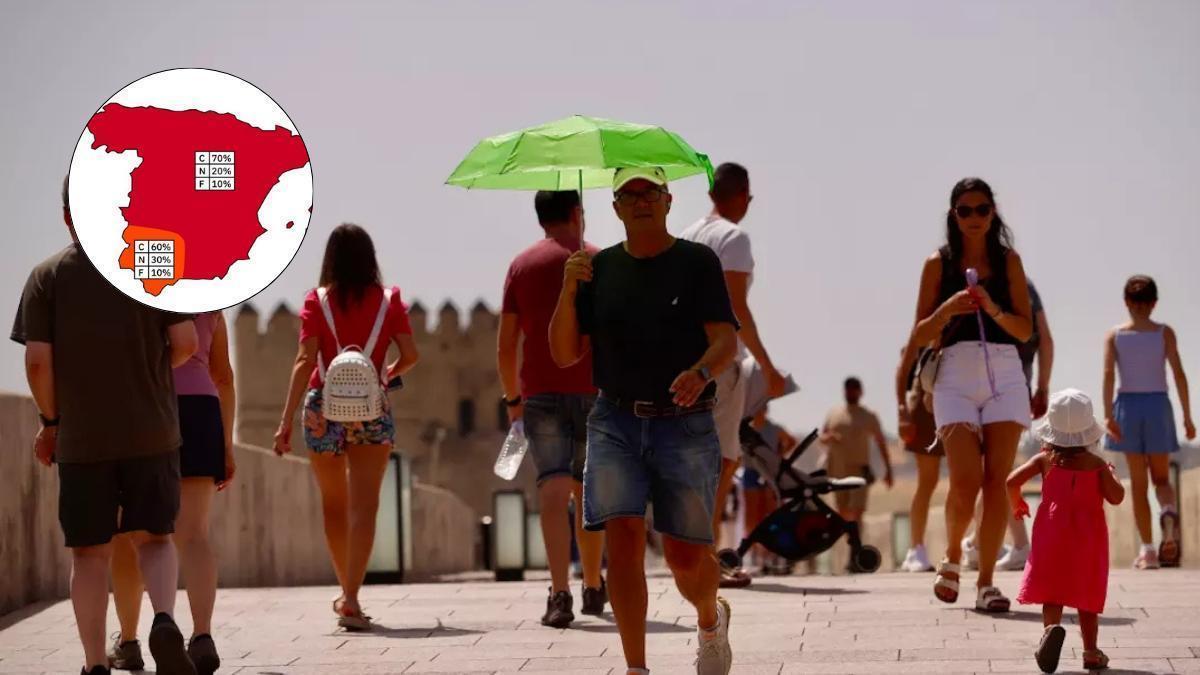 Turistas pasean por el Puente Romano en un día caluroso.