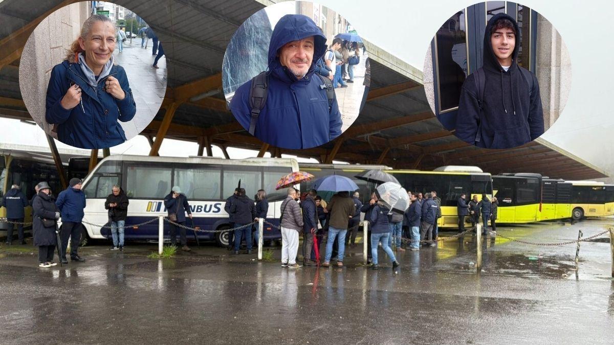 En la parte superior de la imagen, Carmen Luisa Ceballos,  Tomás Badillo y Ricardo Caracas. Sobre estas líneas, trabajadores del servicio de transporte urbano de Santiago, este viernes, en el garaje de Amio