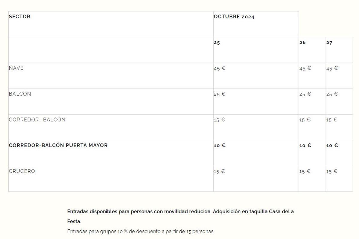 Precios de las representaciones del Misteri en octubre