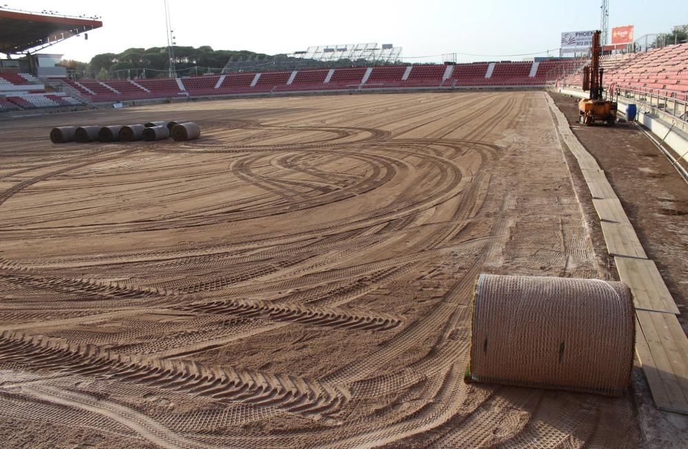 Instal·lació de la nova gespa a l'estadi de Montilivi