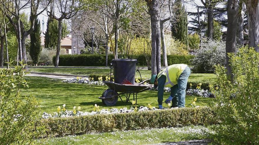 Un operario municipal trabaja en los jardines del Castillo.