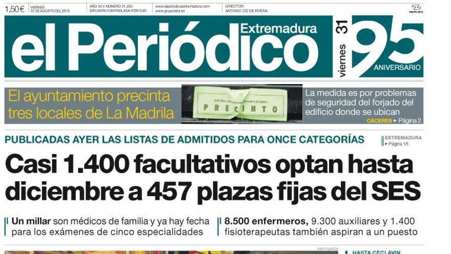 Esta es la portada de EL PERIÓDICO EXTREMADURA correspondiente al día 31 de agosto del 2018