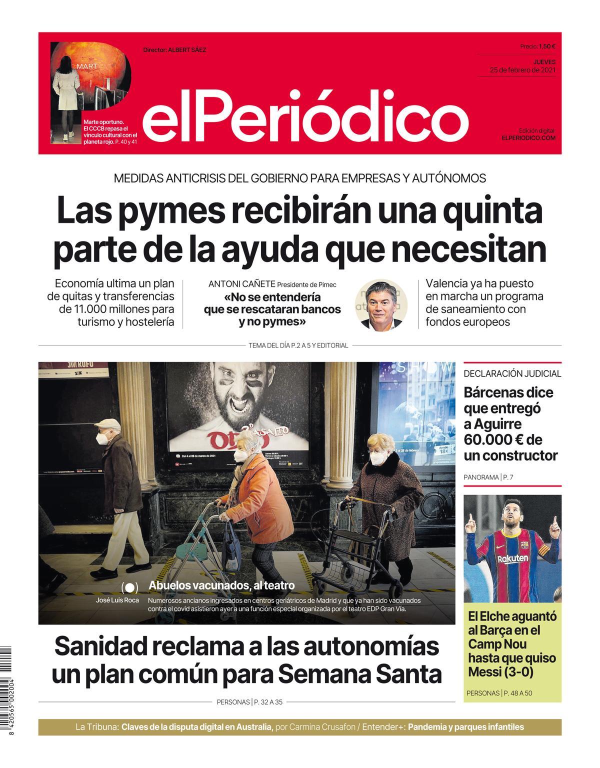 La portada d’EL PERIÓDICO del 25 de febrer del 2021