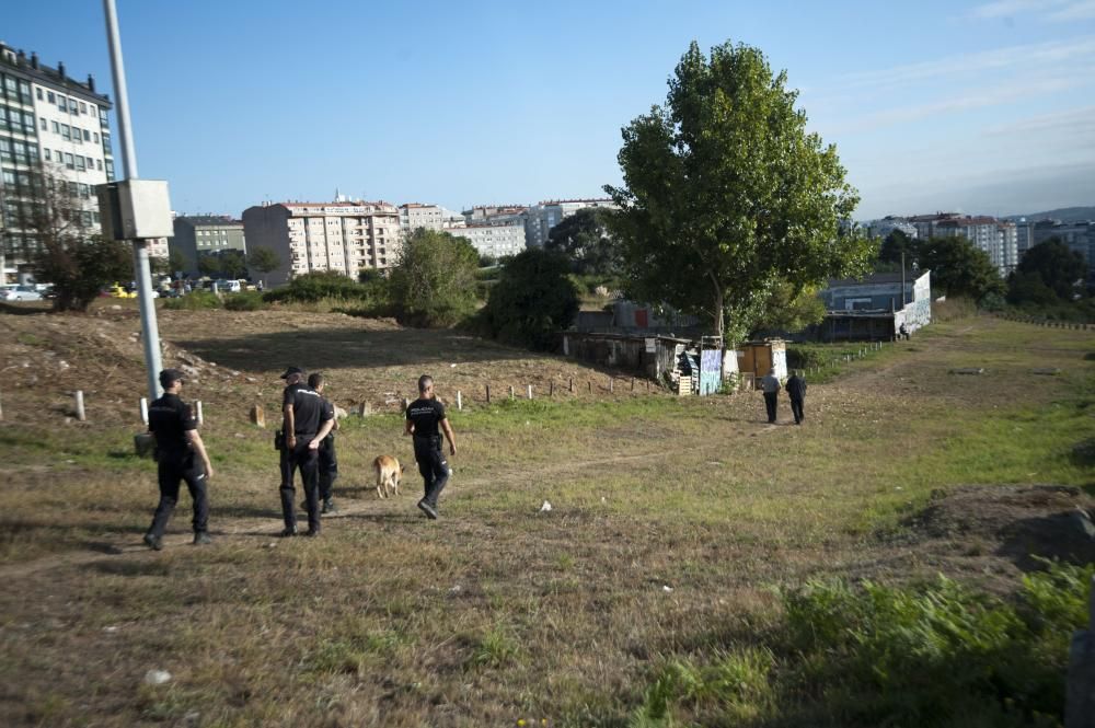 Agentes del Cuerpo Nacional de Policía, miembros de Protección Civil y voluntarios efectuan una batida por la zona de Eirís para intentar localizar restos de José Luis Fernández Ibáñez.