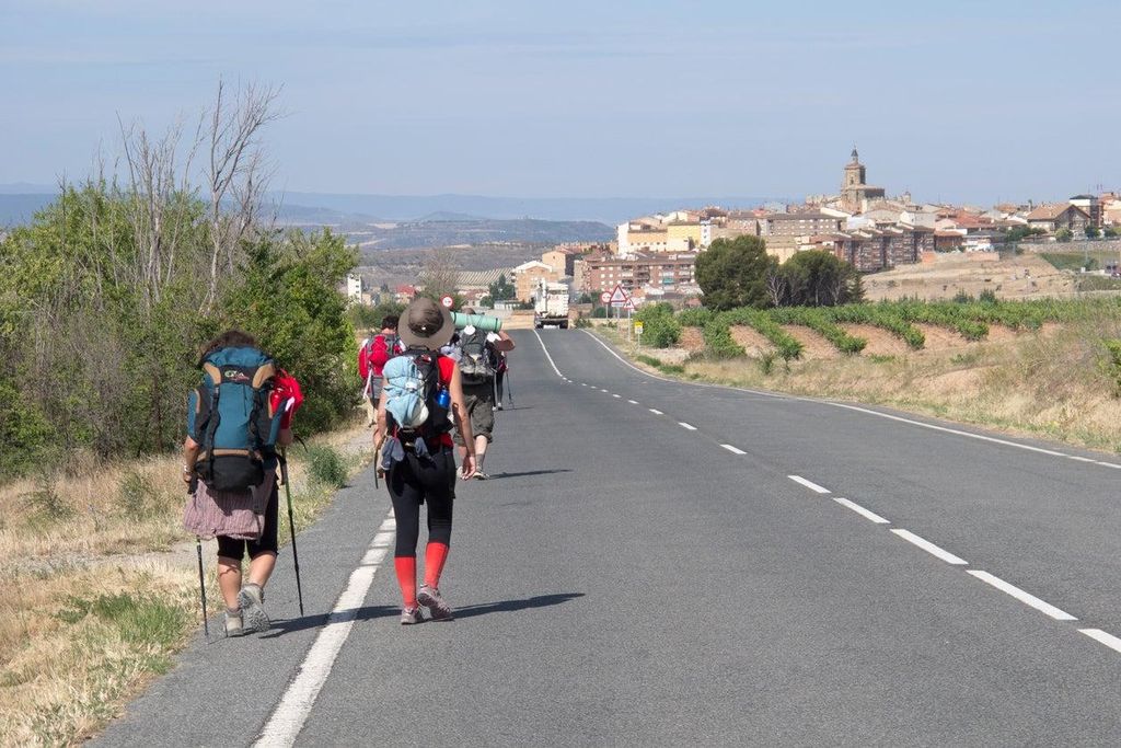 Peregrinos caminando por el Camino Francés cerca de Viana