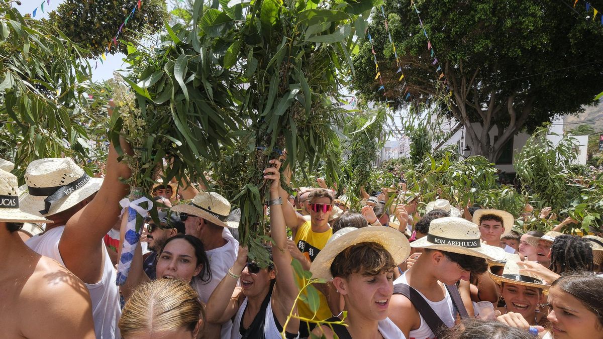 Los asistentes agitan las ramas al son de la música frente a la plaza de La Constitución